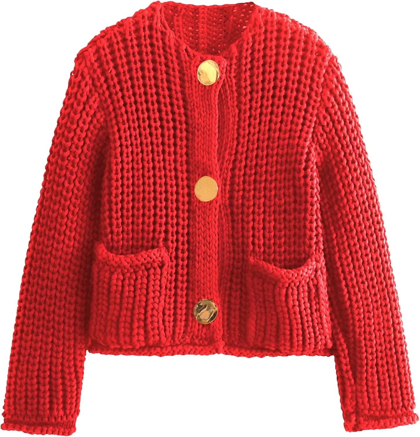Womens Fall Chunky Knit Cardigan Gold Button Down Long Sleeve Crop Crochet Sweater