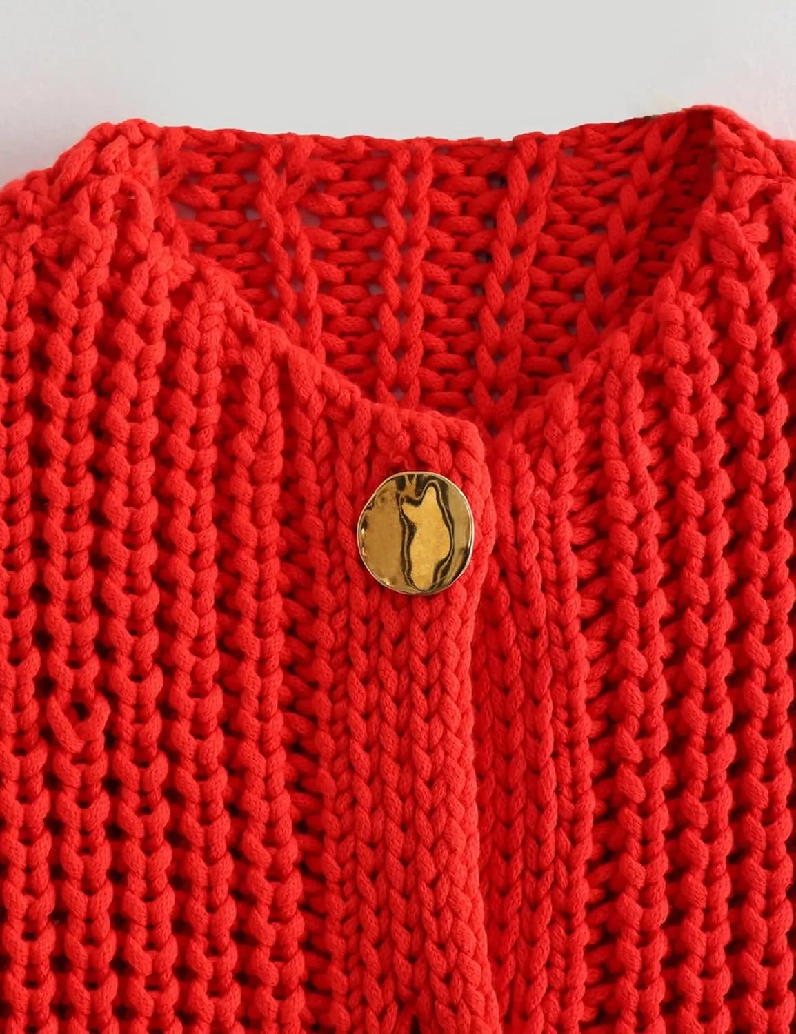 Womens Fall Chunky Knit Cardigan Gold Button Down Long Sleeve Crop Crochet Sweater