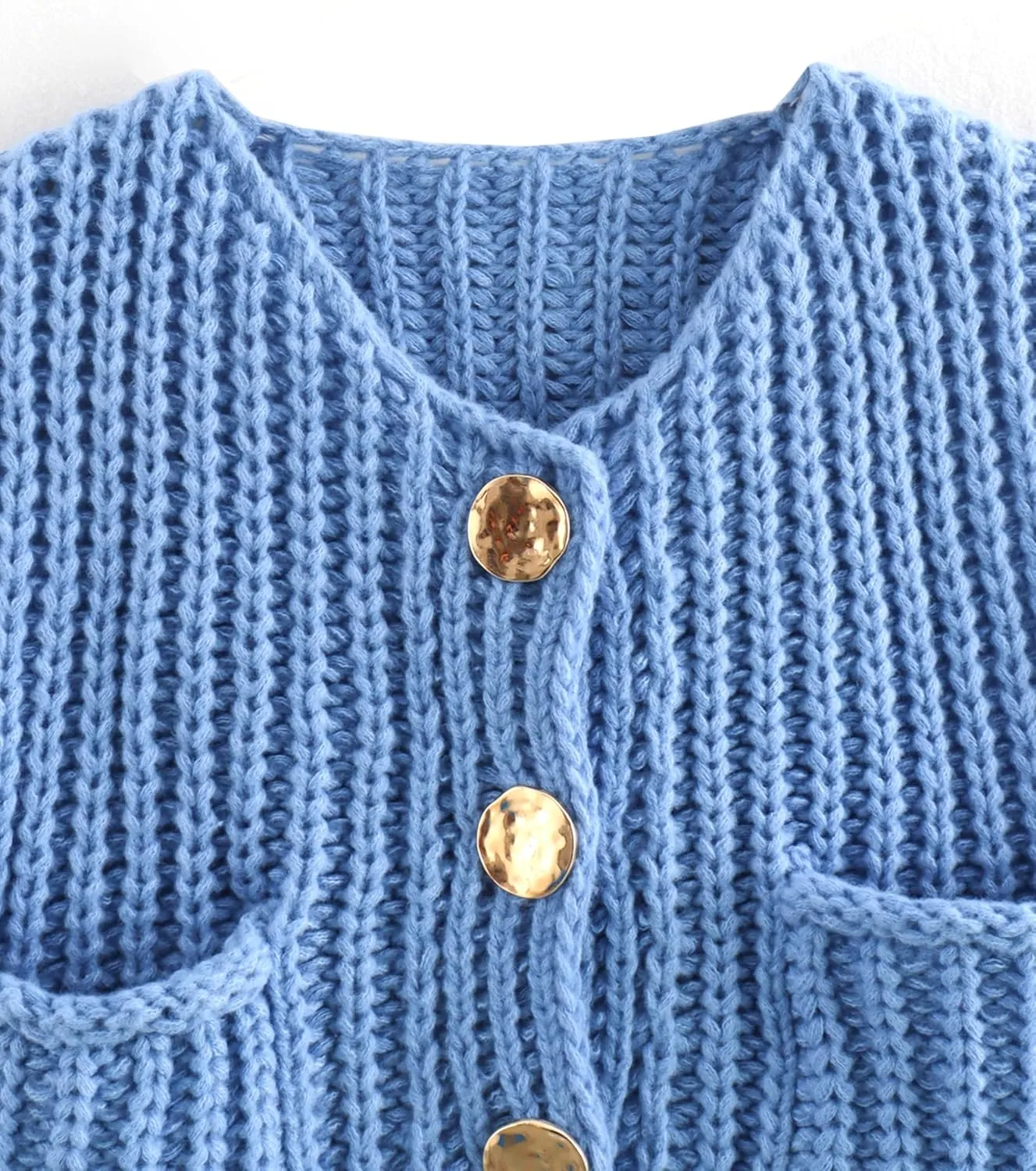 Womens Fall Chunky Knit Cardigan Gold Button Down Long Sleeve Crop Crochet Sweater