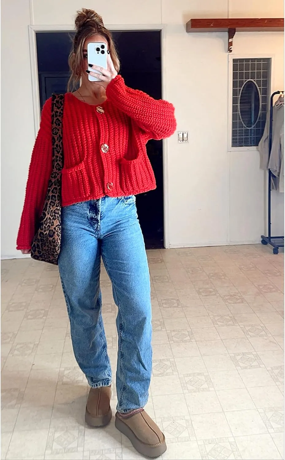 Womens Fall Chunky Knit Cardigan Gold Button Down Long Sleeve Crop Crochet Sweater