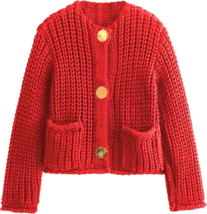 Womens Fall Chunky Knit Cardigan Gold Button Down Long Sleeve Crop Crochet Sweater