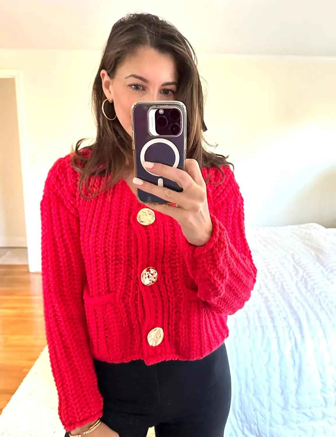Womens Fall Chunky Knit Cardigan Gold Button Down Long Sleeve Crop Crochet Sweater
