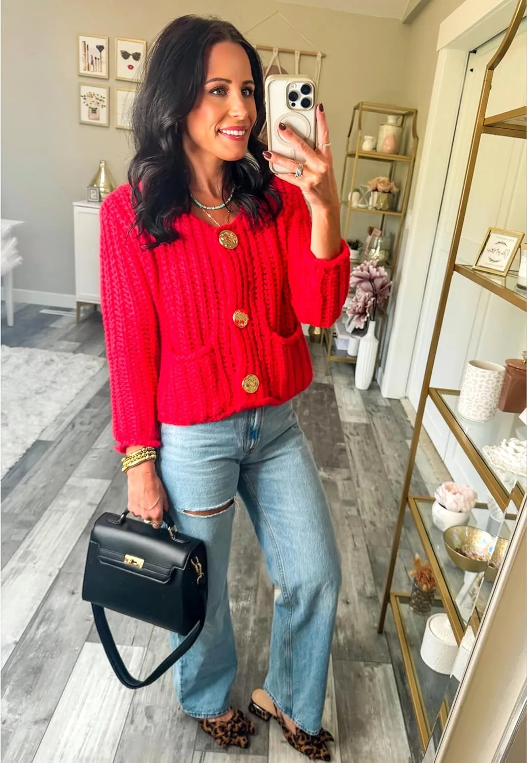 Womens Fall Chunky Knit Cardigan Gold Button Down Long Sleeve Crop Crochet Sweater