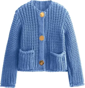 Womens Fall Chunky Knit Cardigan Gold Button Down Long Sleeve Crop Crochet Sweater