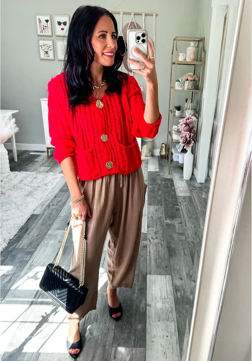 Womens Fall Chunky Knit Cardigan Gold Button Down Long Sleeve Crop Crochet Sweater