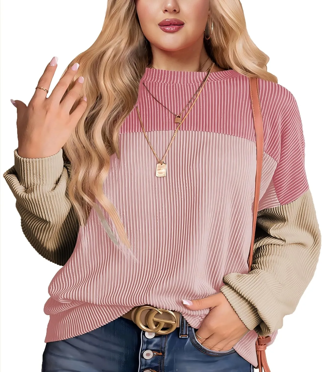Womens Fashion 2024 Color Block Long Sleeve Crewneck Knitted Casual Loose Pullover Shirts Tops XL-5XL
