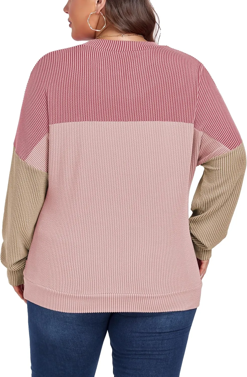 Womens Fashion 2024 Color Block Long Sleeve Crewneck Knitted Casual Loose Pullover Shirts Tops XL-5XL