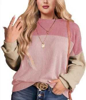 Womens Fashion 2024 Color Block Long Sleeve Crewneck Knitted Casual Loose Pullover Shirts Tops XL-5XL