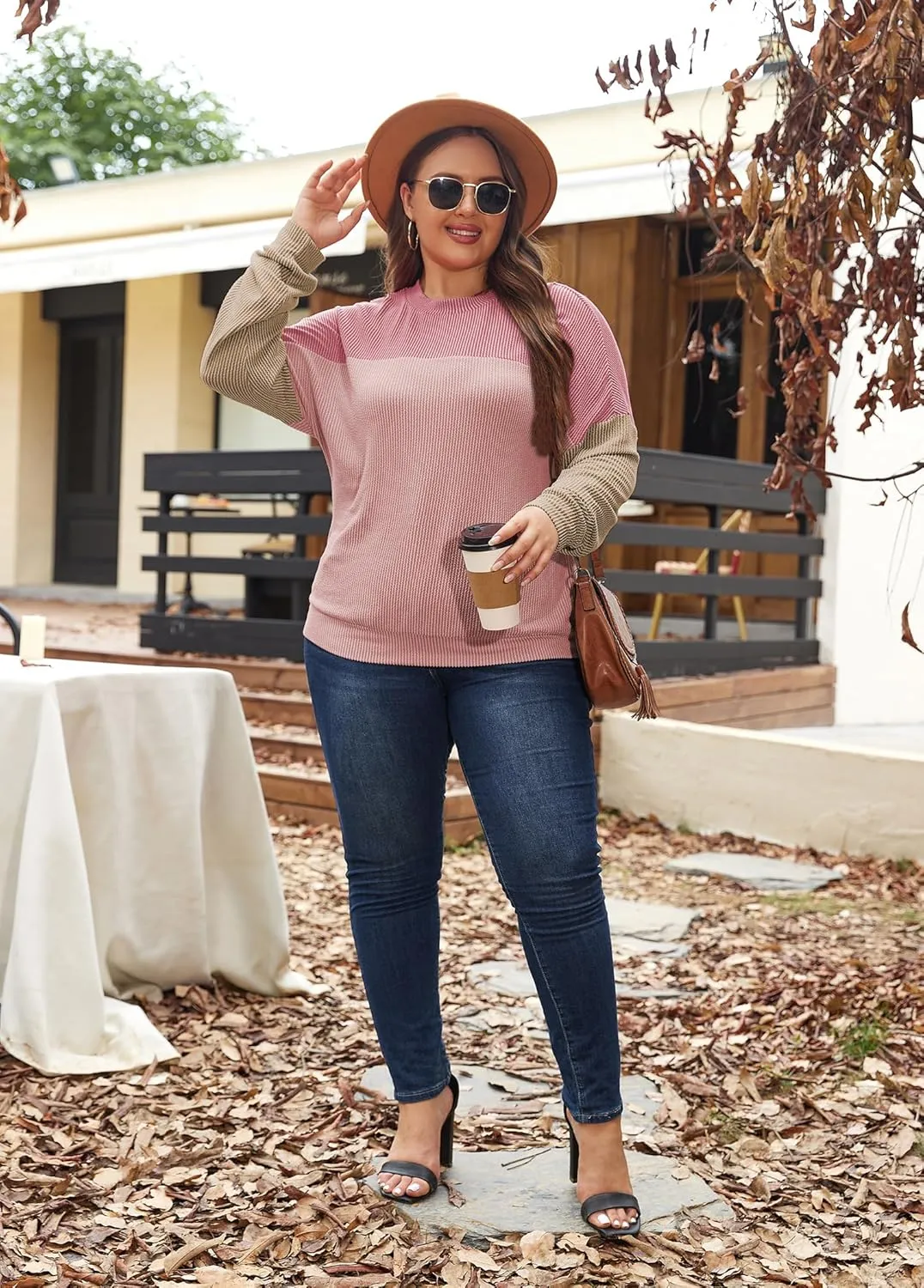 Womens Fashion 2024 Color Block Long Sleeve Crewneck Knitted Casual Loose Pullover Shirts Tops XL-5XL