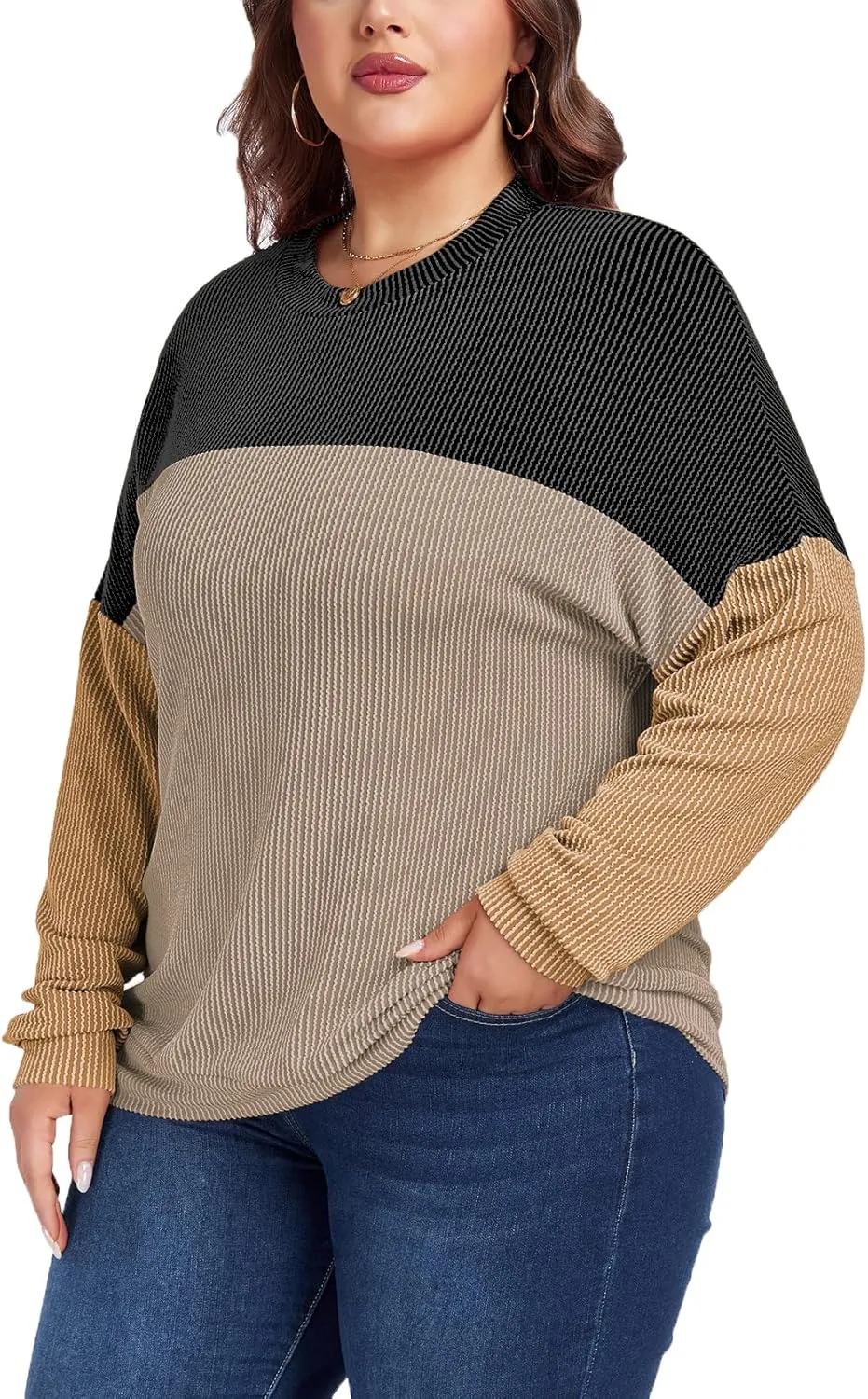 Womens Fashion 2024 Color Block Long Sleeve Crewneck Knitted Casual Loose Pullover Shirts Tops XL-5XL