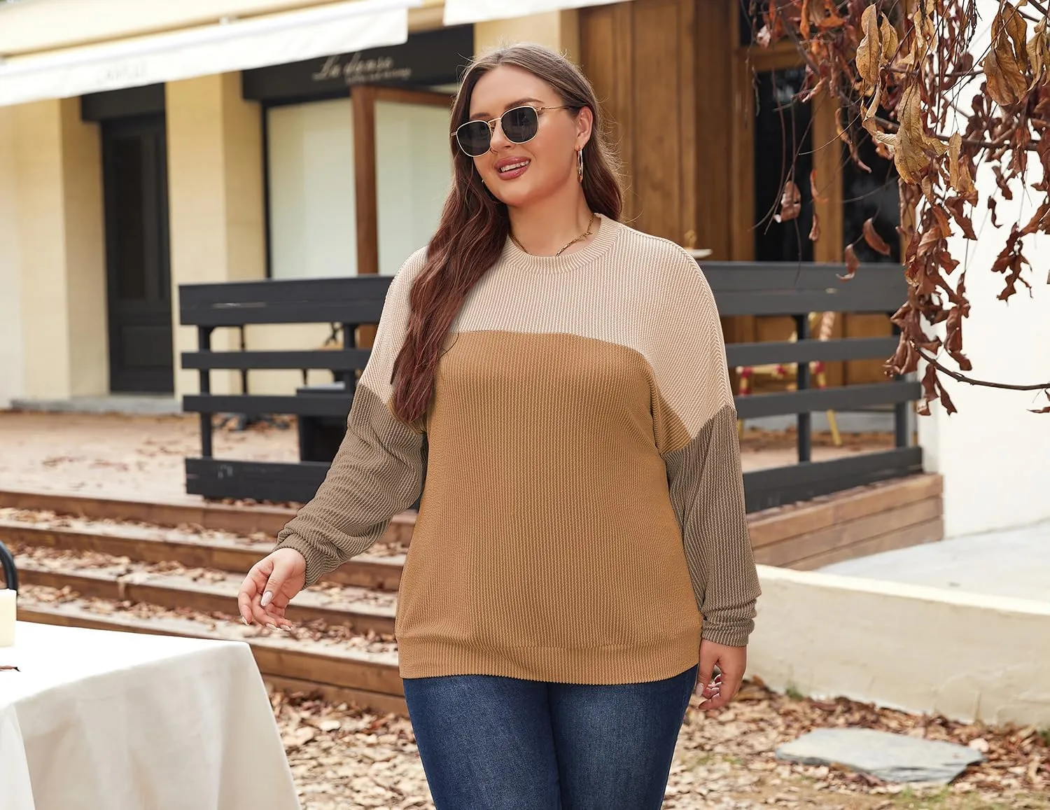 Womens Fashion 2024 Color Block Long Sleeve Crewneck Knitted Casual Loose Pullover Shirts Tops XL-5XL