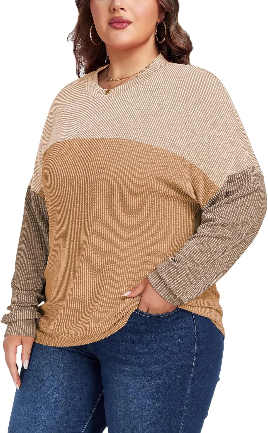 Womens Fashion 2024 Color Block Long Sleeve Crewneck Knitted Casual Loose Pullover Shirts Tops XL-5XL