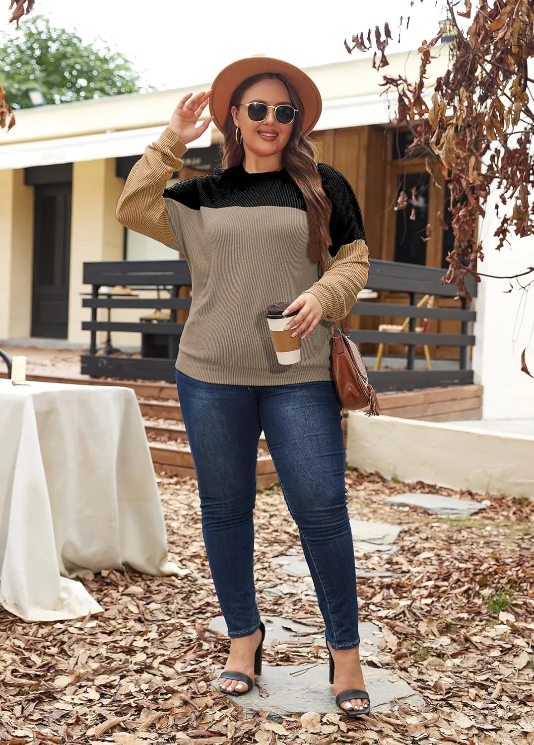 Womens Fashion 2024 Color Block Long Sleeve Crewneck Knitted Casual Loose Pullover Shirts Tops XL-5XL