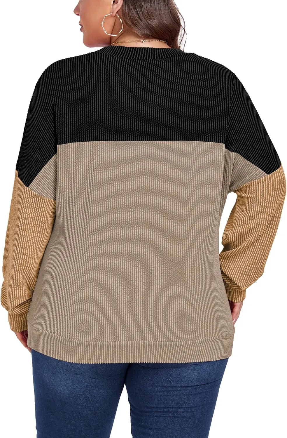 Womens Fashion 2024 Color Block Long Sleeve Crewneck Knitted Casual Loose Pullover Shirts Tops XL-5XL