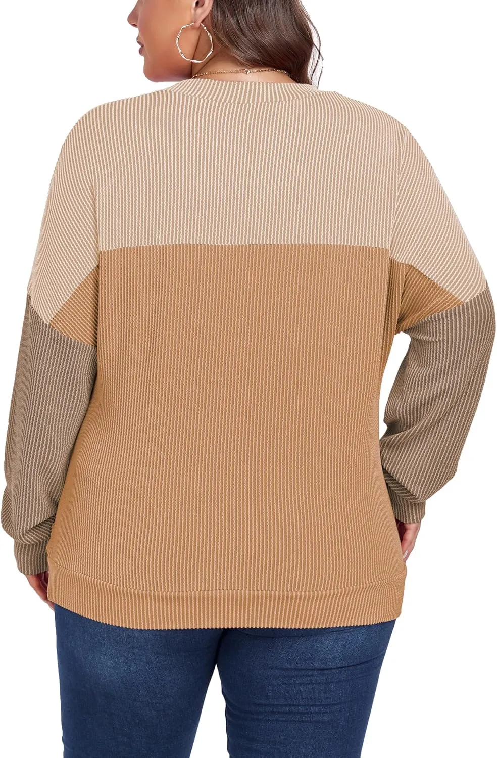 Womens Fashion 2024 Color Block Long Sleeve Crewneck Knitted Casual Loose Pullover Shirts Tops XL-5XL