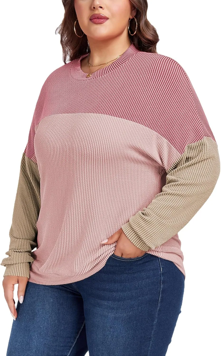 Womens Fashion 2024 Color Block Long Sleeve Crewneck Knitted Casual Loose Pullover Shirts Tops XL-5XL