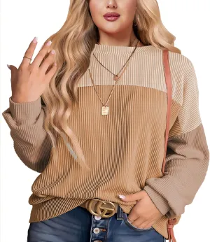 Womens Fashion 2024 Color Block Long Sleeve Crewneck Knitted Casual Loose Pullover Shirts Tops XL-5XL