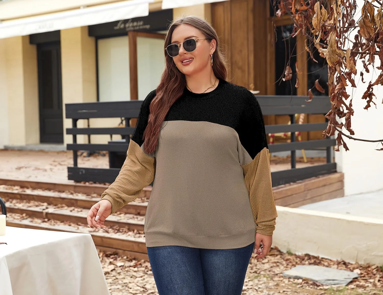 Womens Fashion 2024 Color Block Long Sleeve Crewneck Knitted Casual Loose Pullover Shirts Tops XL-5XL