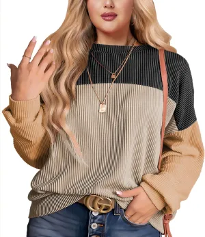 Womens Fashion 2024 Color Block Long Sleeve Crewneck Knitted Casual Loose Pullover Shirts Tops XL-5XL