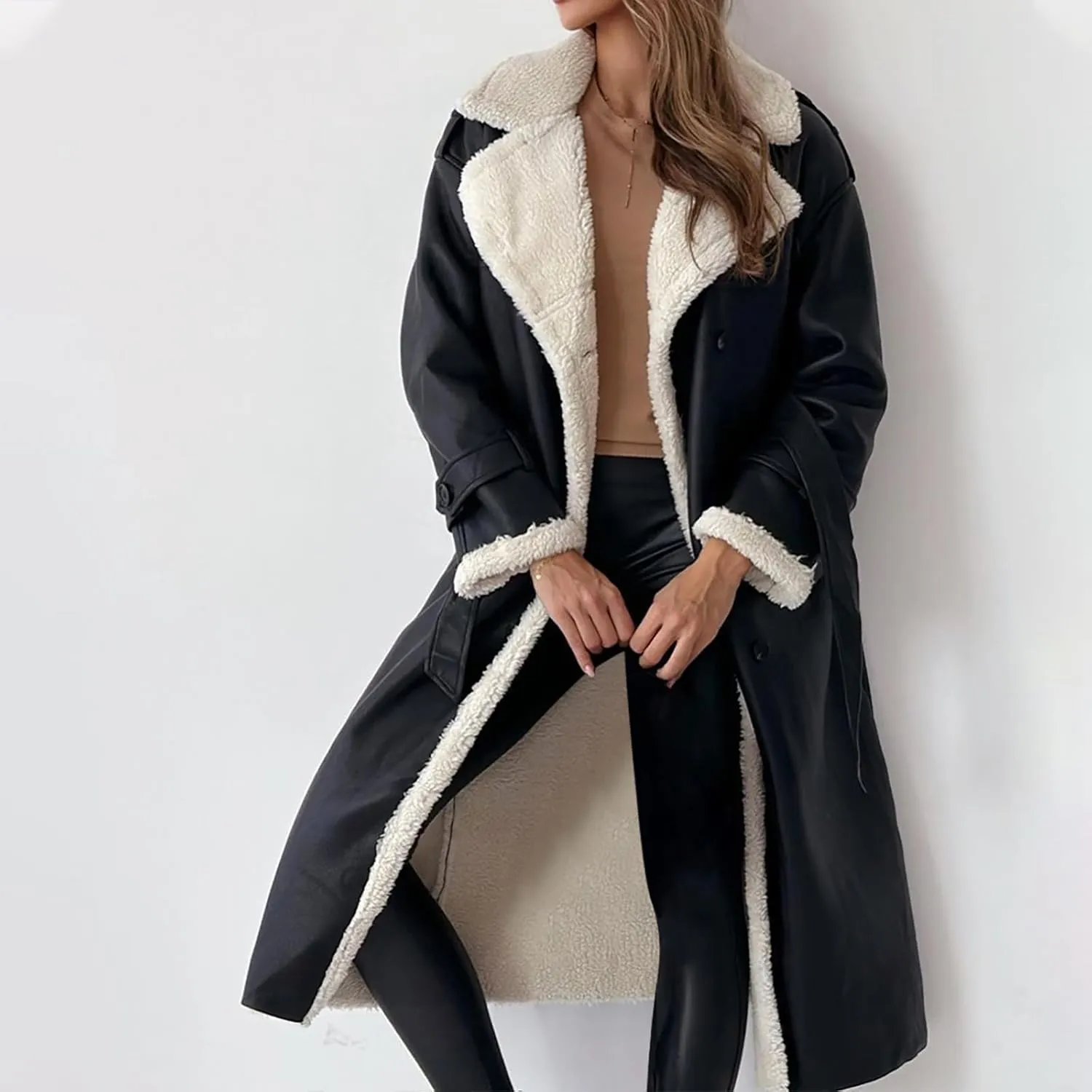 Women's Faux Shearling Coat Suede Fleece Lined Long Jacket Double Breasted Trench Coat Winter Warm Overcoats