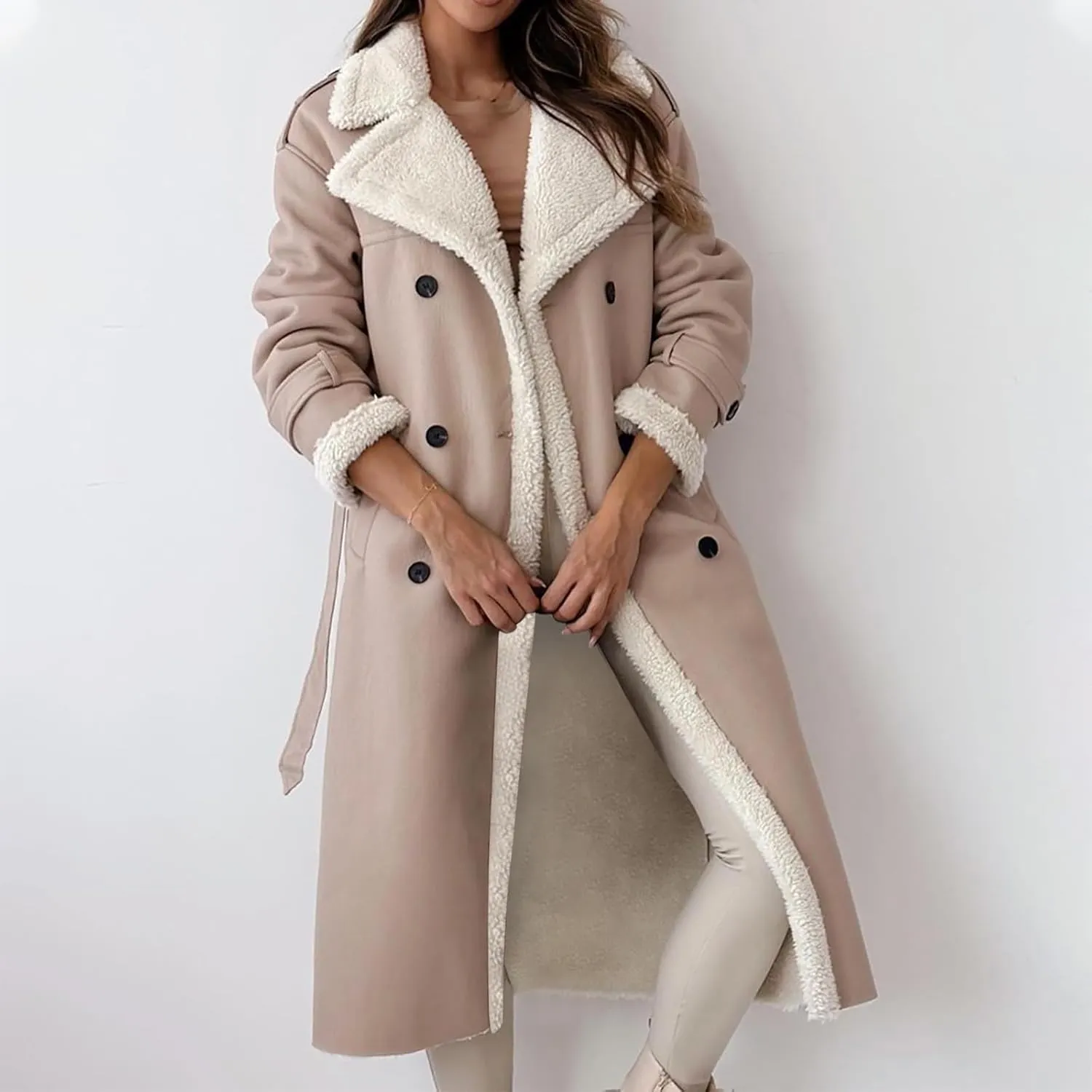 Women's Faux Shearling Coat Suede Fleece Lined Long Jacket Double Breasted Trench Coat Winter Warm Overcoats