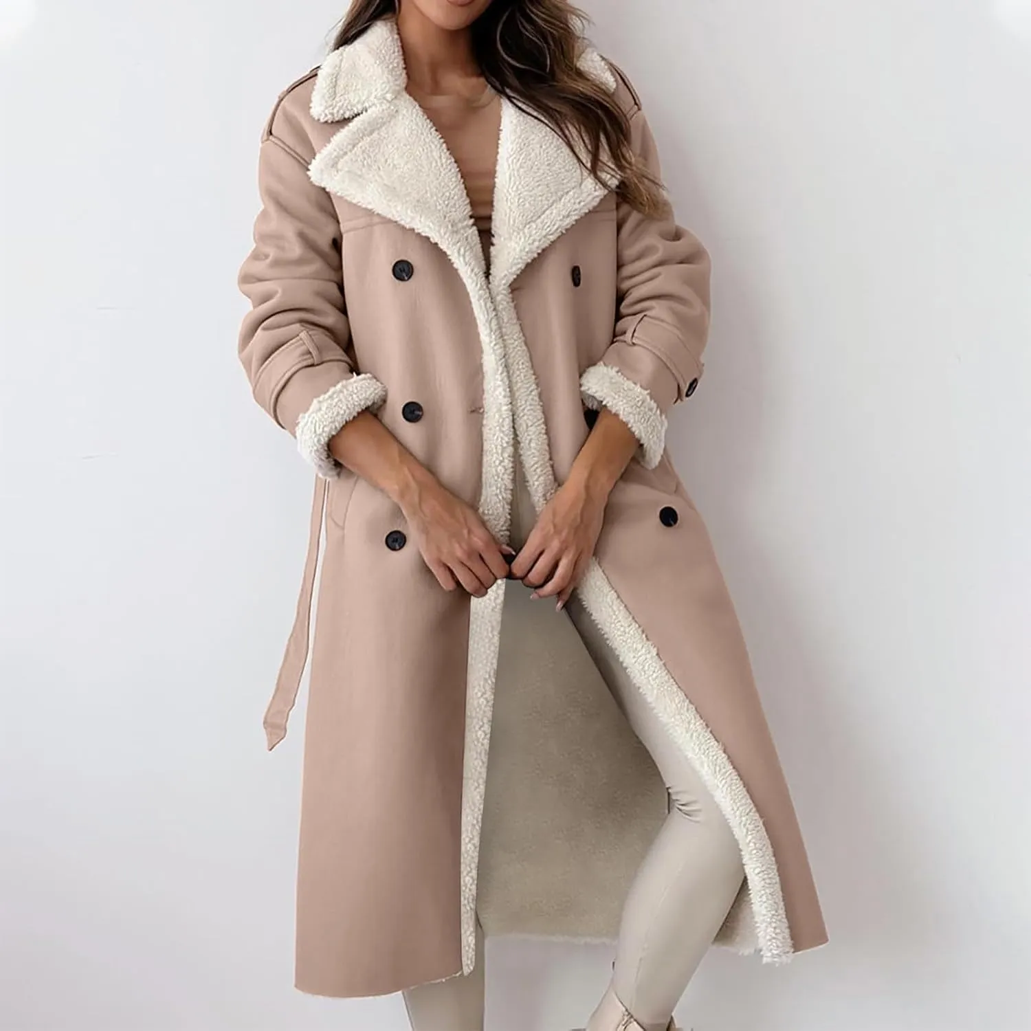 Women's Faux Shearling Coat Suede Fleece Lined Long Jacket Double Breasted Trench Coat Winter Warm Overcoats