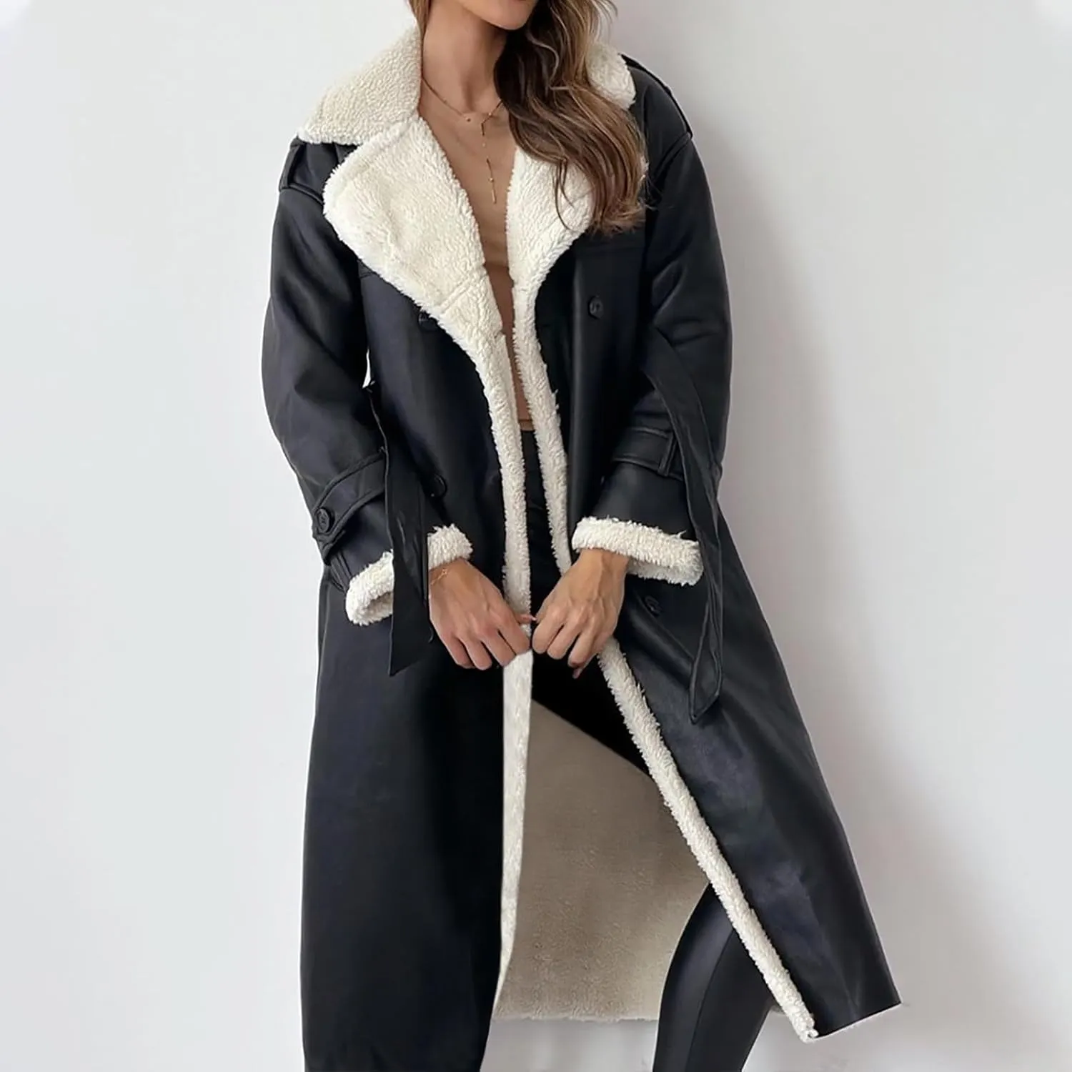 Women's Faux Shearling Coat Suede Fleece Lined Long Jacket Double Breasted Trench Coat Winter Warm Overcoats