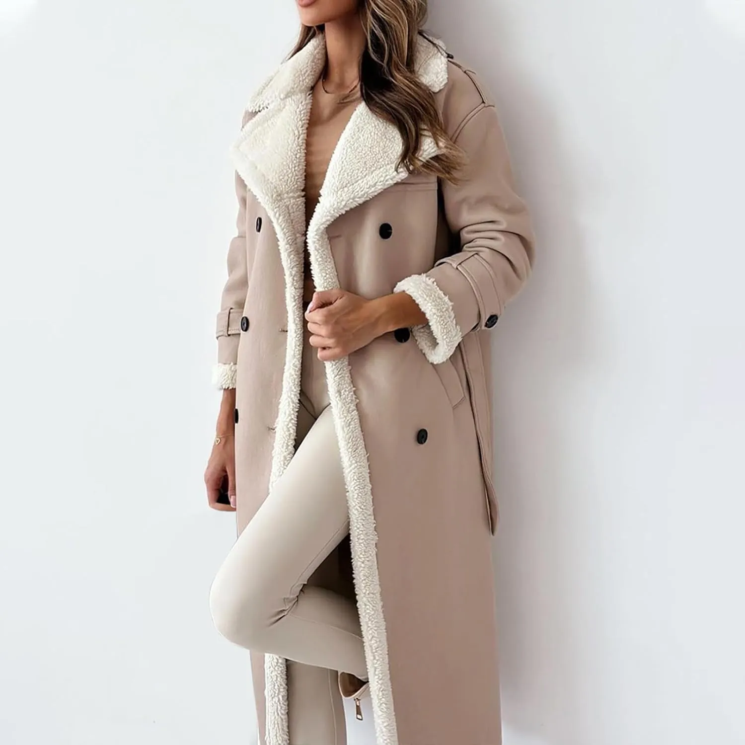 Women's Faux Shearling Coat Suede Fleece Lined Long Jacket Double Breasted Trench Coat Winter Warm Overcoats