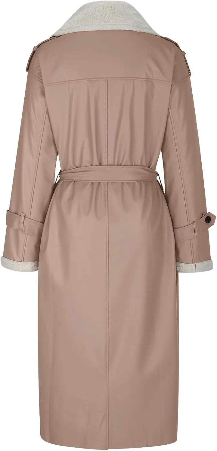 Women's Faux Shearling Coat Suede Fleece Lined Long Jacket Double Breasted Trench Coat Winter Warm Overcoats