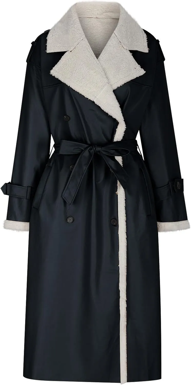 Women's Faux Shearling Coat Suede Fleece Lined Long Jacket Double Breasted Trench Coat Winter Warm Overcoats