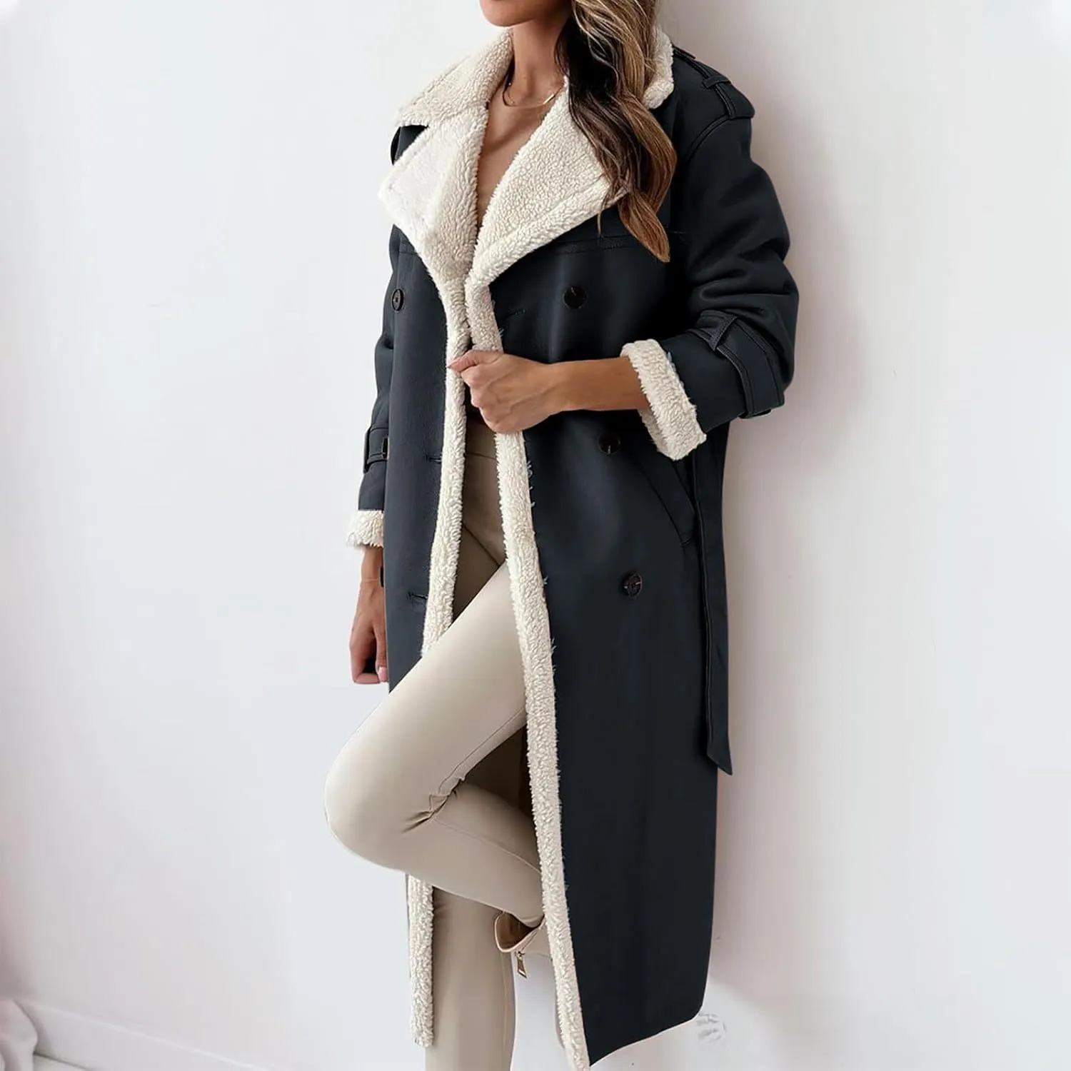 Women's Faux Shearling Coat Suede Fleece Lined Long Jacket Double Breasted Trench Coat Winter Warm Overcoats