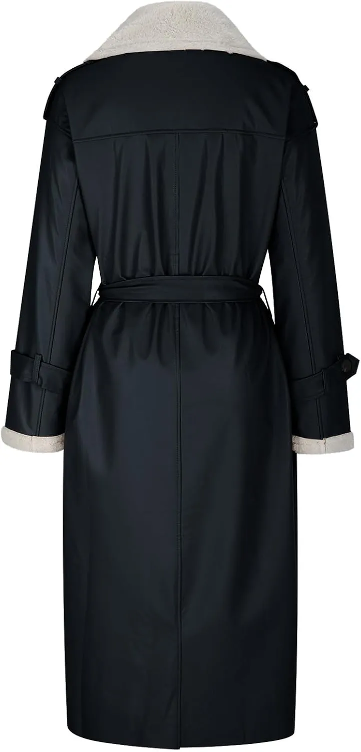 Women's Faux Shearling Coat Suede Fleece Lined Long Jacket Double Breasted Trench Coat Winter Warm Overcoats