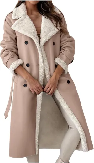 Women's Faux Shearling Coat Suede Fleece Lined Long Jacket Double Breasted Trench Coat Winter Warm Overcoats
