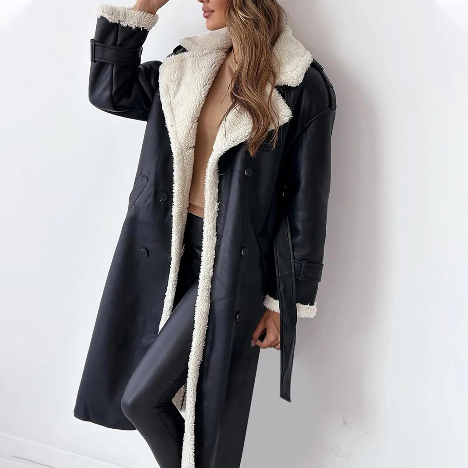 Women's Faux Shearling Coat Suede Fleece Lined Long Jacket Double Breasted Trench Coat Winter Warm Overcoats