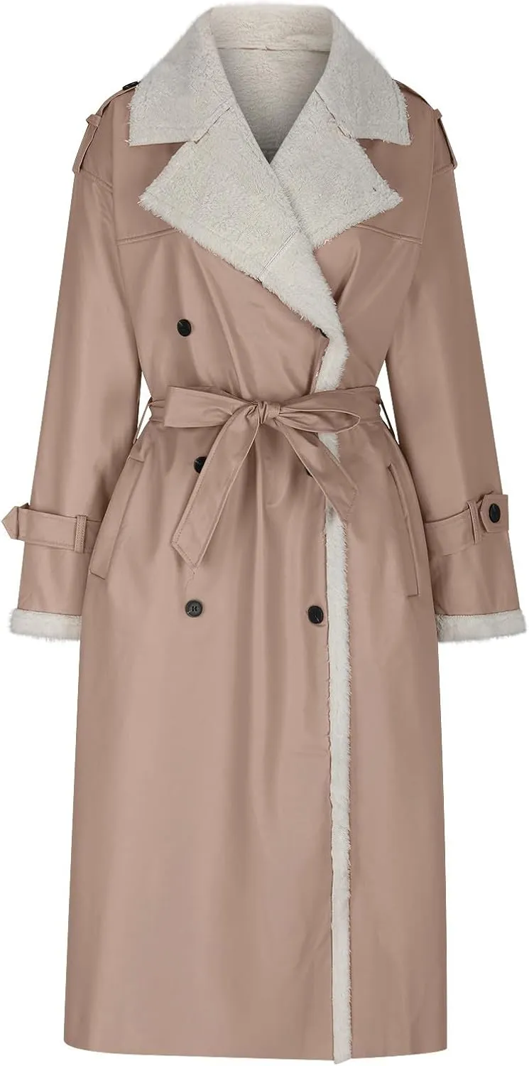Women's Faux Shearling Coat Suede Fleece Lined Long Jacket Double Breasted Trench Coat Winter Warm Overcoats