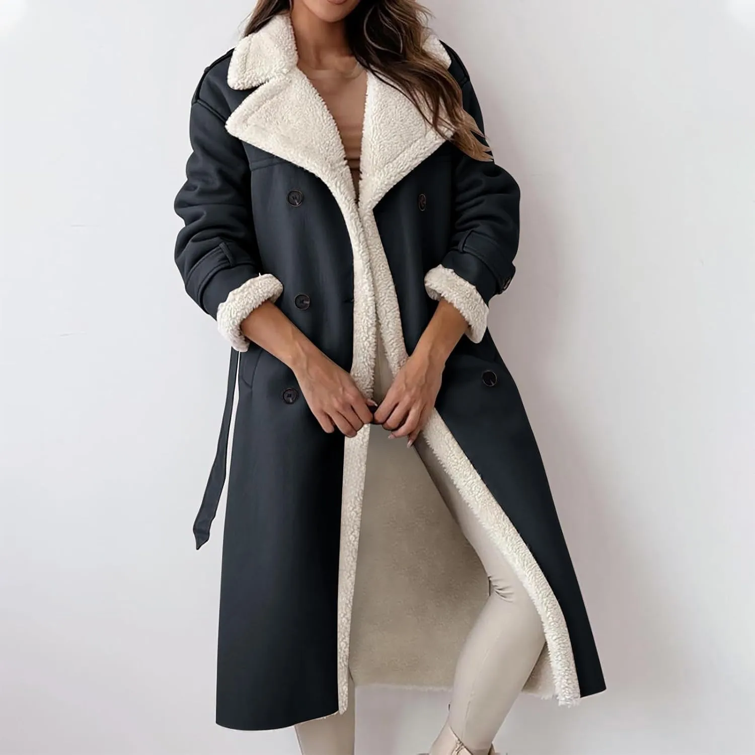 Women's Faux Shearling Coat Suede Fleece Lined Long Jacket Double Breasted Trench Coat Winter Warm Overcoats