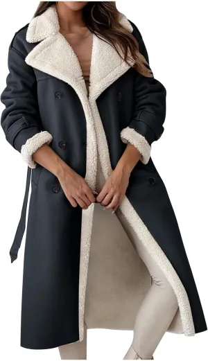 Women's Faux Shearling Coat Suede Fleece Lined Long Jacket Double Breasted Trench Coat Winter Warm Overcoats