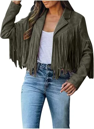 Women's Faux Suede Leather Fringe Jacket Cowgirl Crop Moto Biker Jackets Open Front Tassel Coat Tops 2024 Trendy