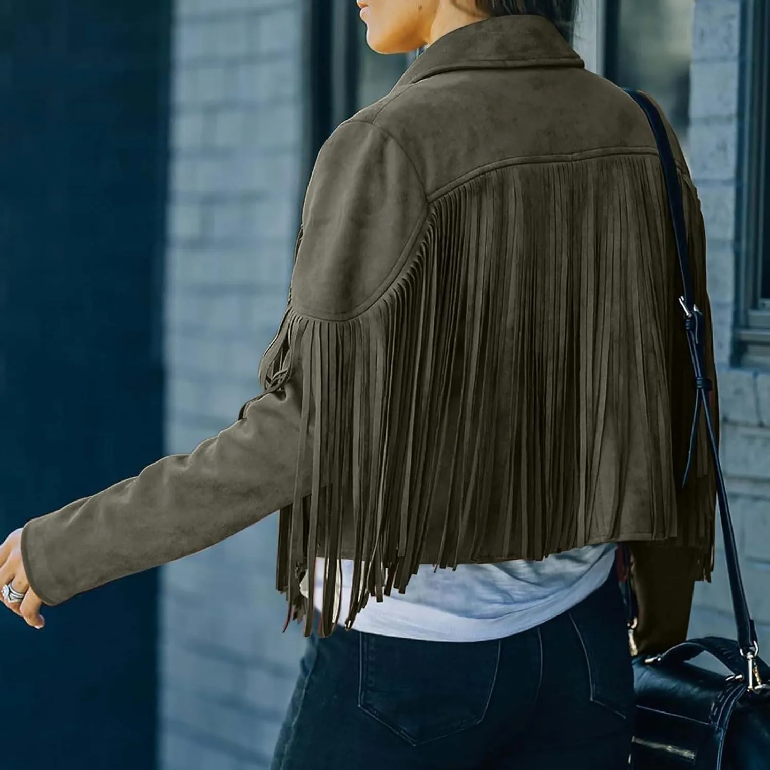 Women's Faux Suede Leather Fringe Jacket Cowgirl Crop Moto Biker Jackets Open Front Tassel Coat Tops 2024 Trendy
