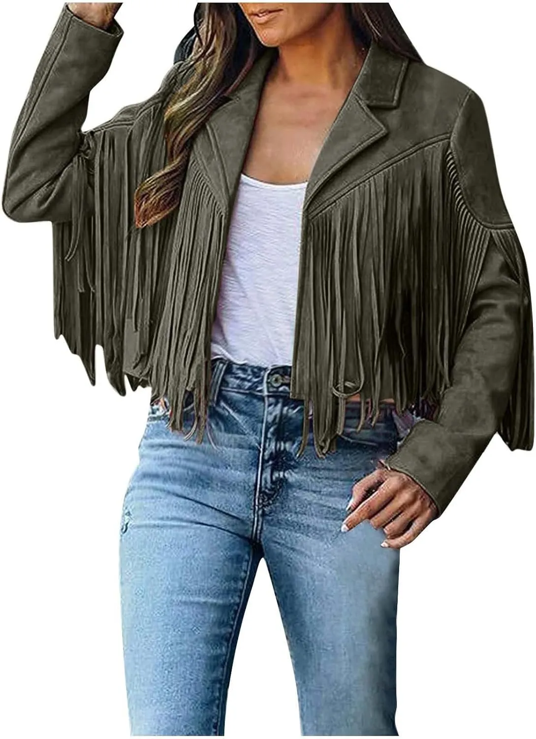 Women's Faux Suede Leather Fringe Jacket Cowgirl Crop Moto Biker Jackets Open Front Tassel Coat Tops 2024 Trendy