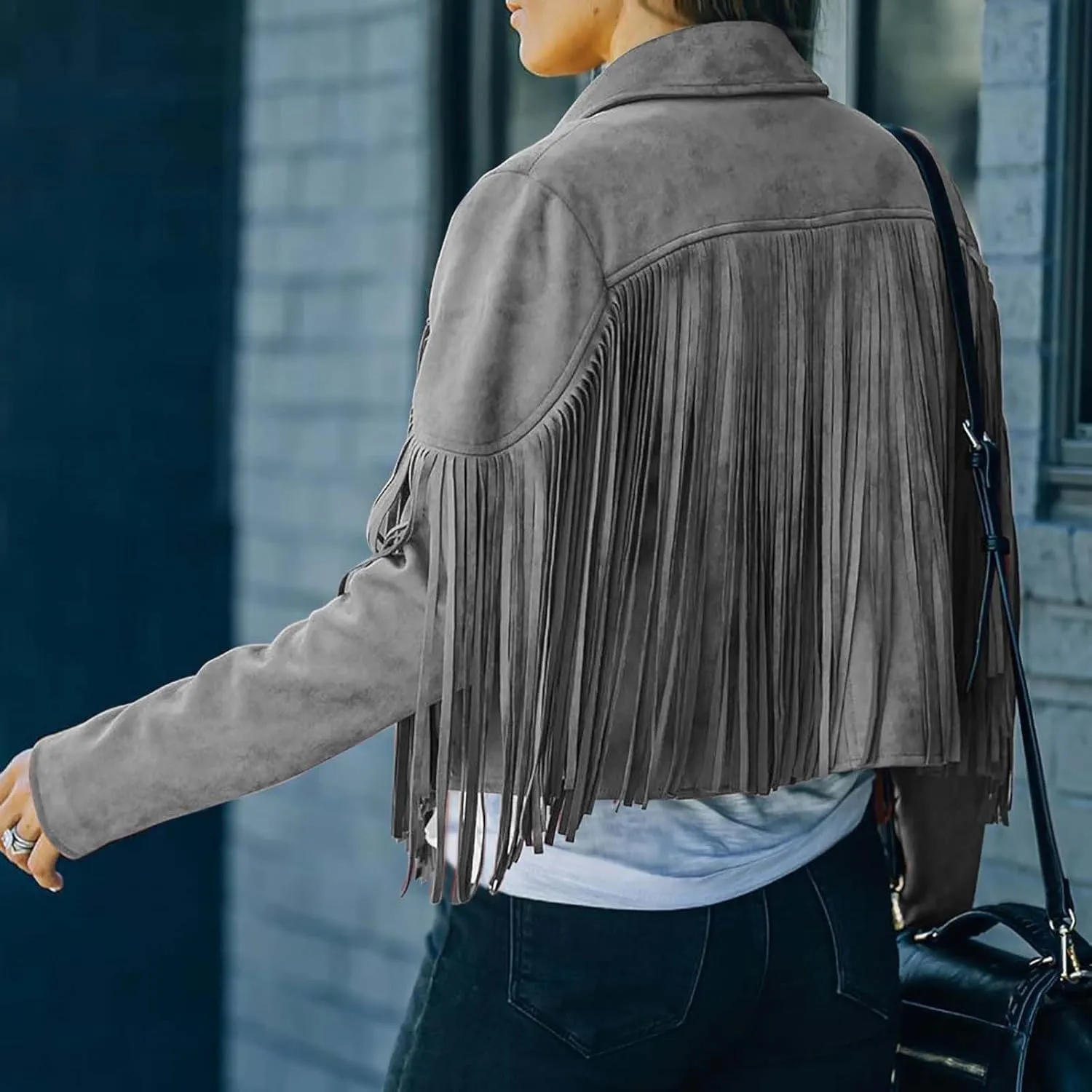 Women's Faux Suede Leather Fringe Jacket Cowgirl Crop Moto Biker Jackets Open Front Tassel Coat Tops 2024 Trendy