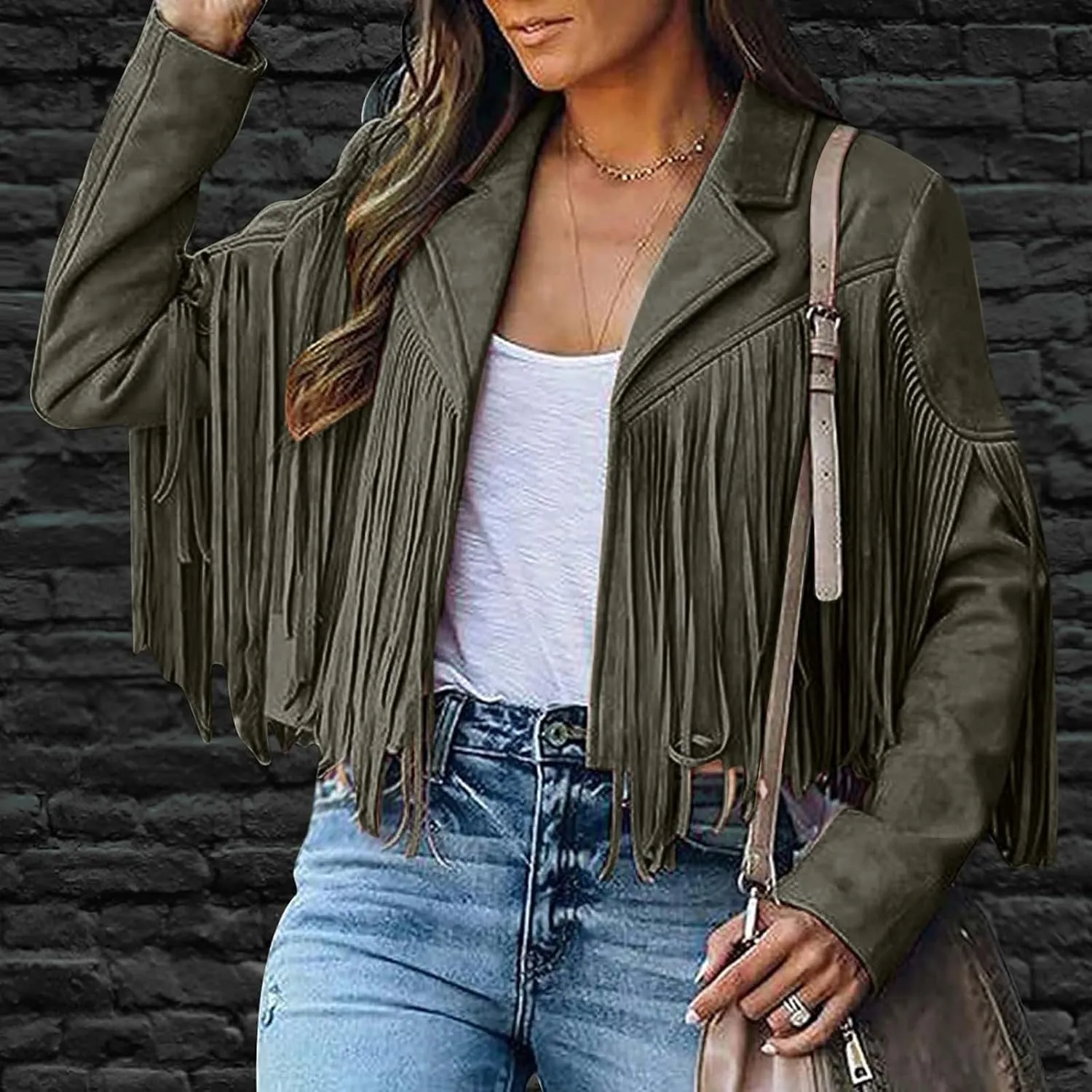 Women's Faux Suede Leather Fringe Jacket Cowgirl Crop Moto Biker Jackets Open Front Tassel Coat Tops 2024 Trendy