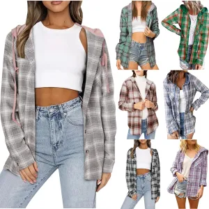 Womens Flannel Hooded Shacket Jacket Fashion Teen Girl Plaid Button Down Outerwear Shirts Preppy Fall Thin Hoodie Coat