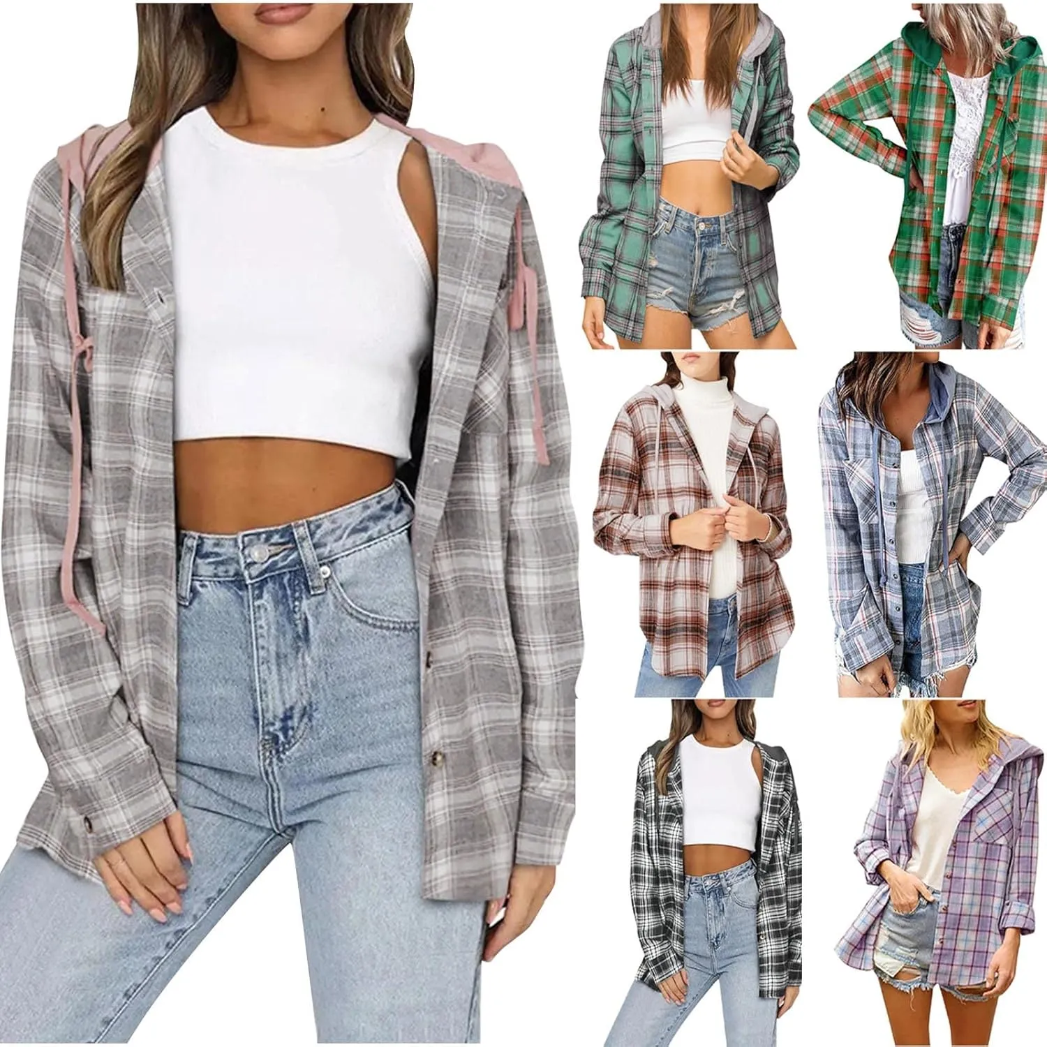 Womens Flannel Hooded Shacket Jacket Fashion Teen Girl Plaid Button Down Outerwear Shirts Preppy Fall Thin Hoodie Coat