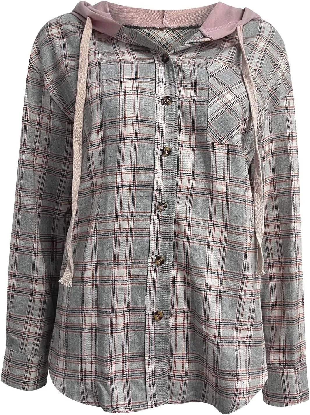 Womens Flannel Hooded Shacket Jacket Fashion Teen Girl Plaid Button Down Outerwear Shirts Preppy Fall Thin Hoodie Coat
