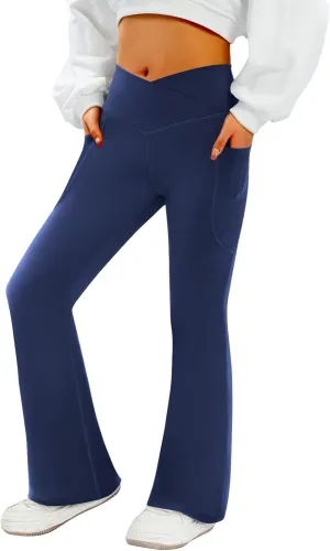 Women's Flare Yoga Pants with Pockets-V Crossover High Waisted Bootcut Yoga Leggings-Flare Workout Gym Leggings