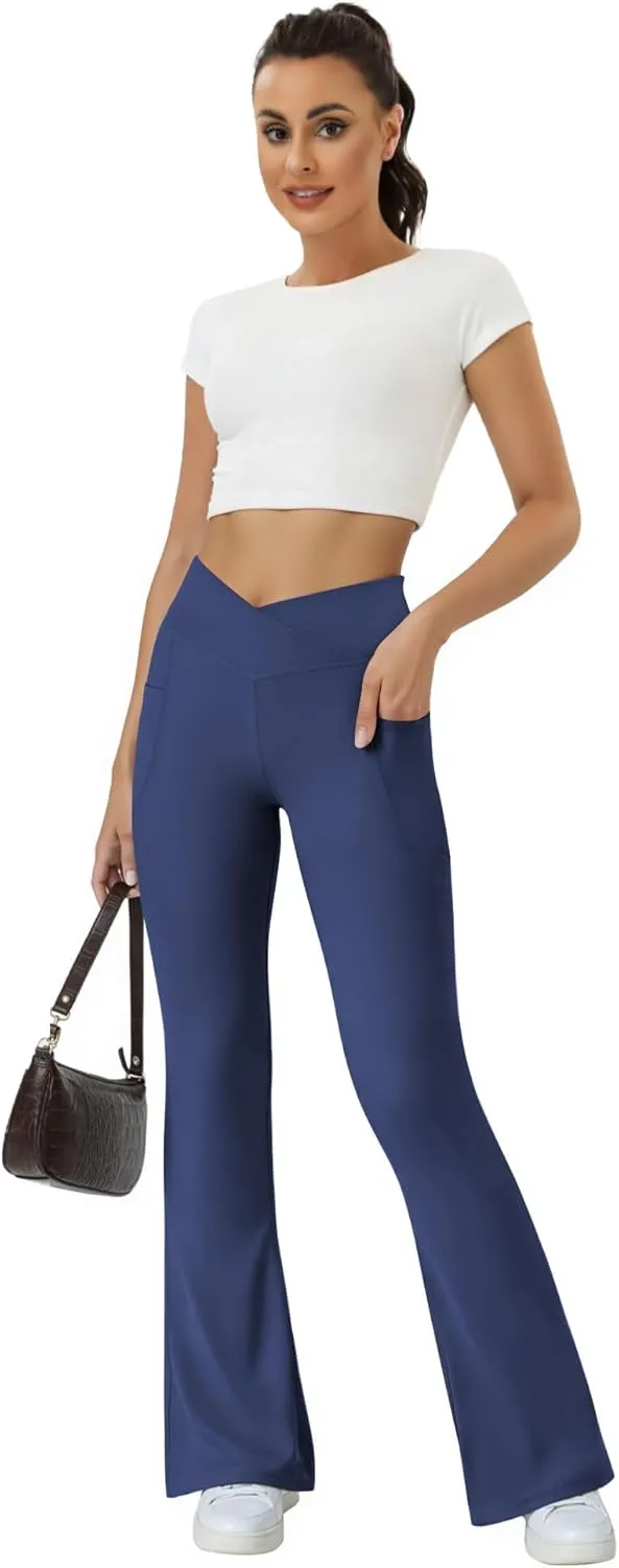Women's Flare Yoga Pants with Pockets-V Crossover High Waisted Bootcut Yoga Leggings-Flare Workout Gym Leggings