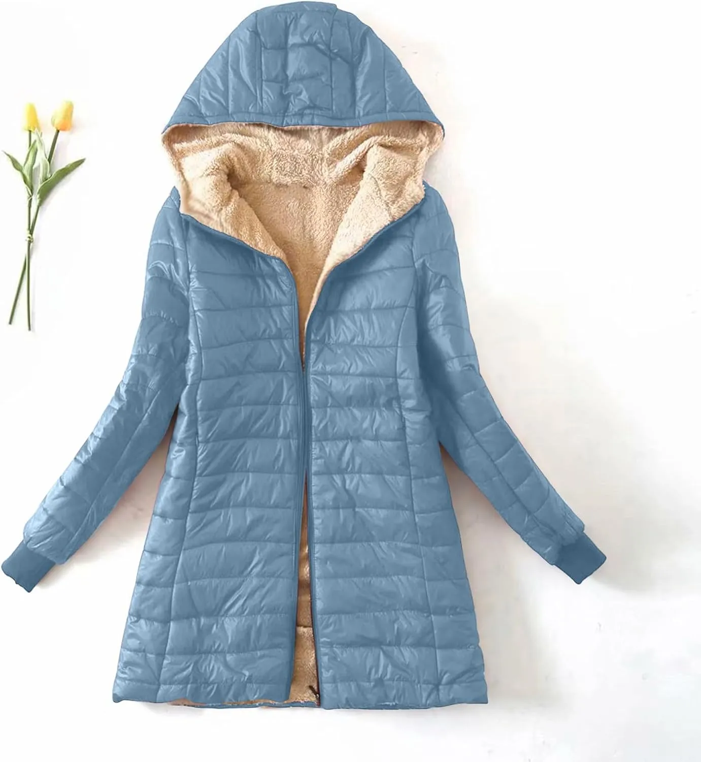 Women's Fleece Lined Cotton Padded Down Jacket Puffer Outerwear Full-Zip Warm Winter Hooded Quilted Coat with Pockets