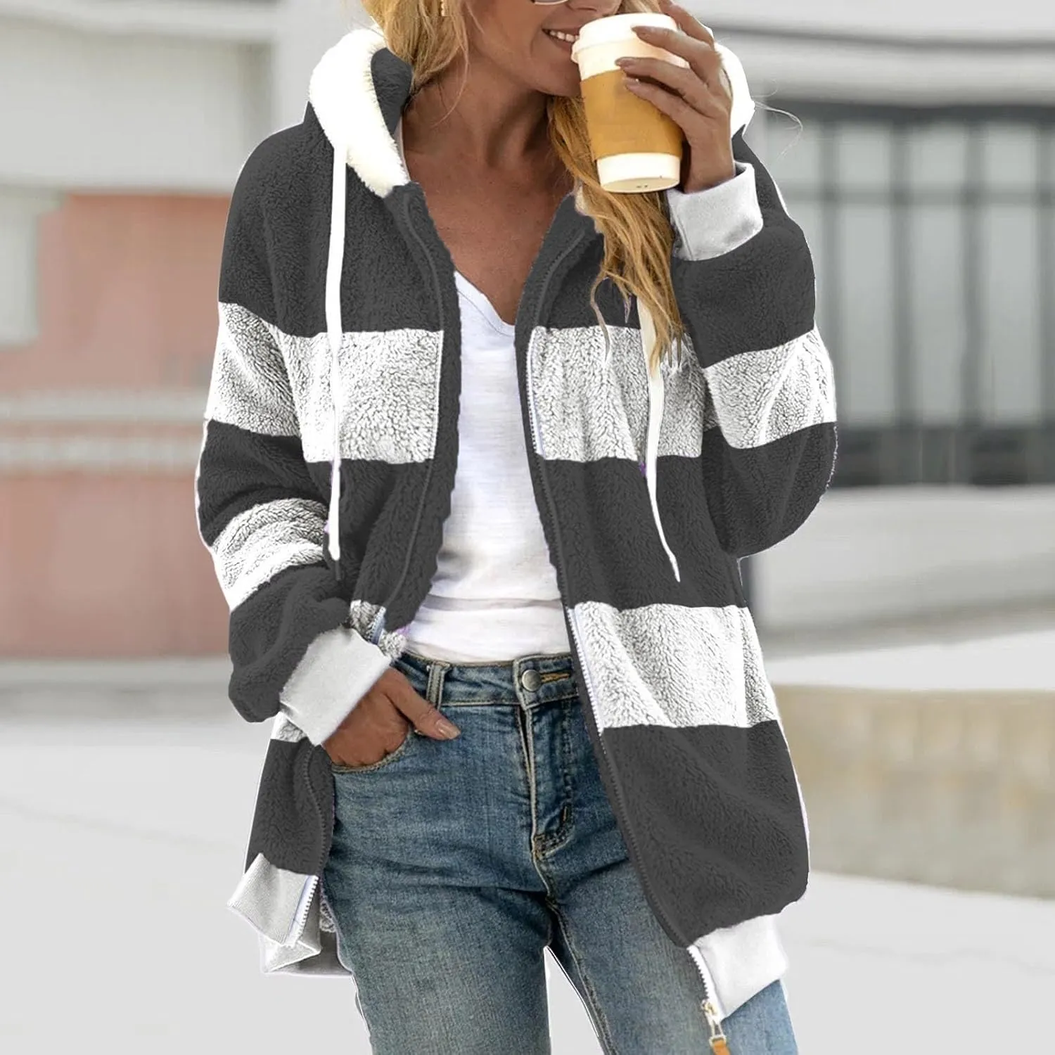 Women'S Fleece Zip Up Jacket Zipper Pocket Plush Sweater Jacket With Hood Insulated Winter Jackets For Women Fleece