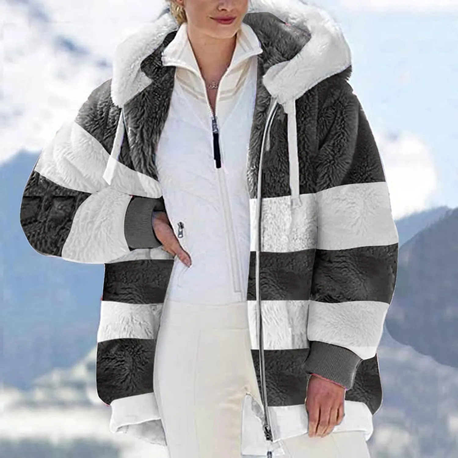 Women'S Fleece Zip Up Jacket Zipper Pocket Plush Sweater Jacket With Hood Insulated Winter Jackets For Women Fleece